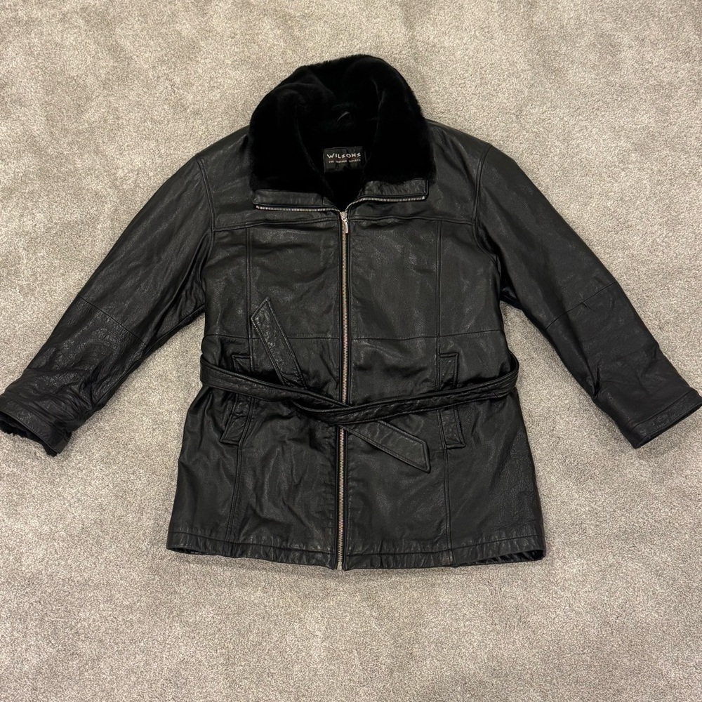 Wilson’s Women’s Faux Fur Trim Lined Penny Lane Size Large Black Leather Coat